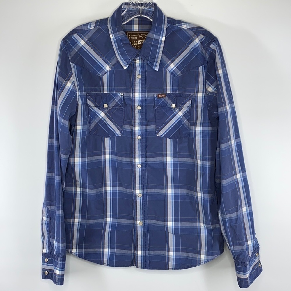Hollister Western Styling Long Sleeve Blue Plaid Shirt Size Small